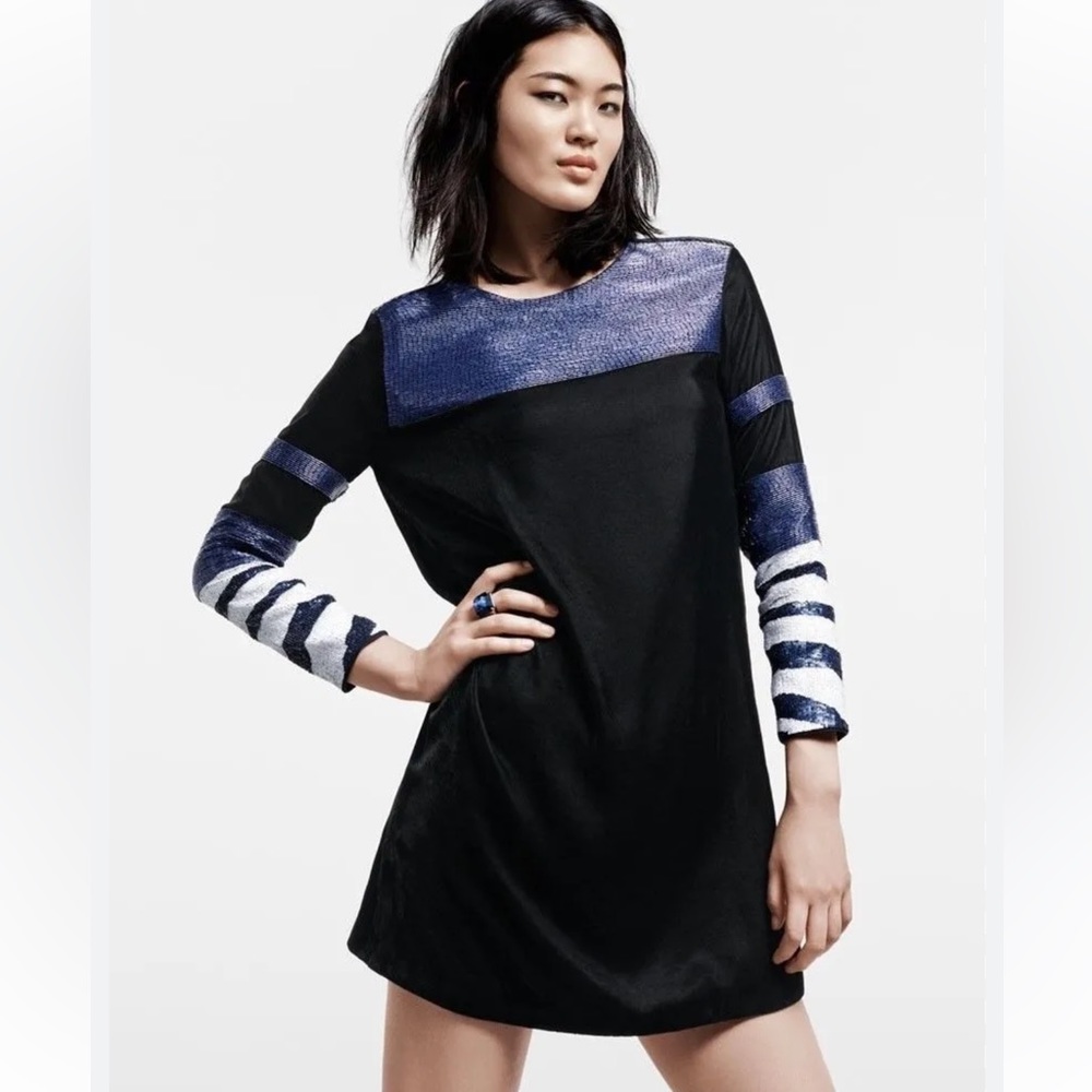 H&M studio collection velvet blue black and white beaded mini dress siz 6 party